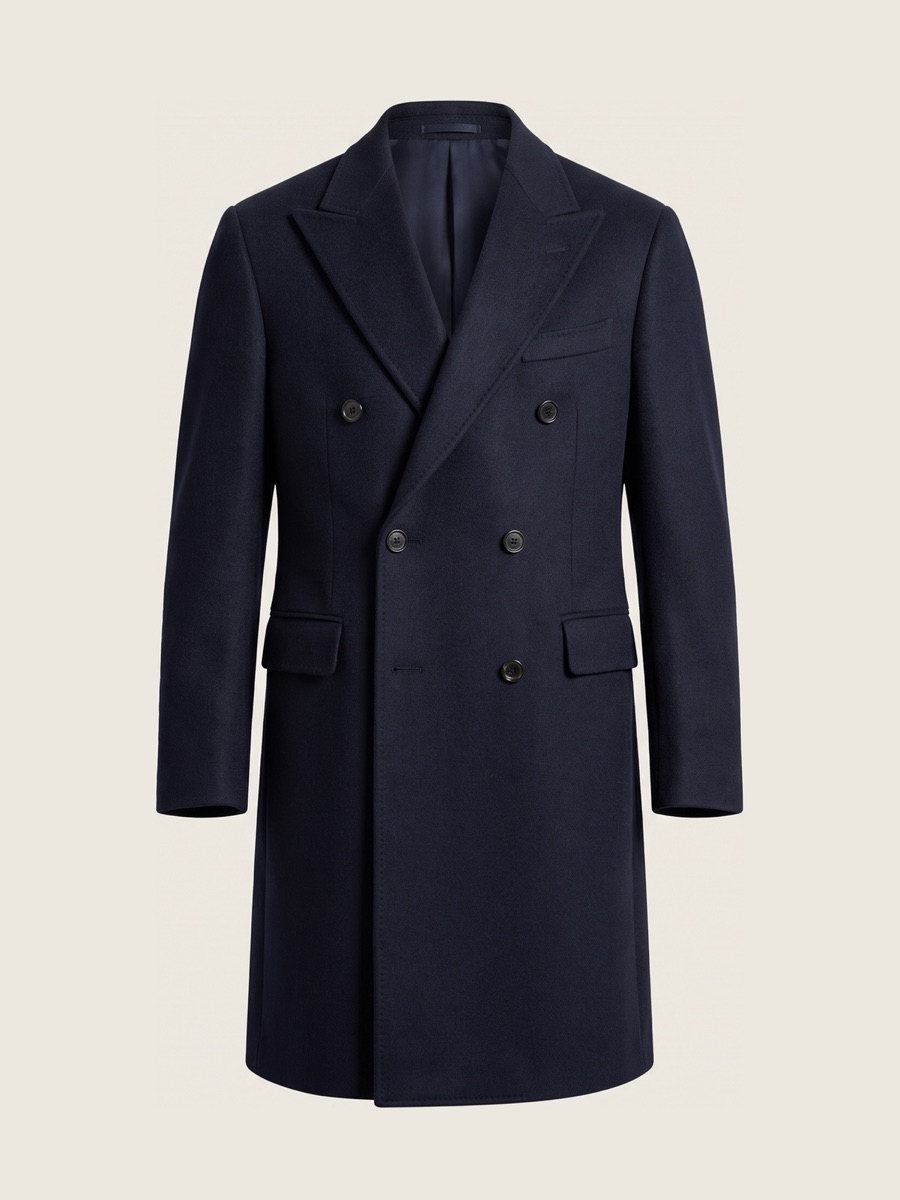 Navy double breasted overcoat, studio packshot