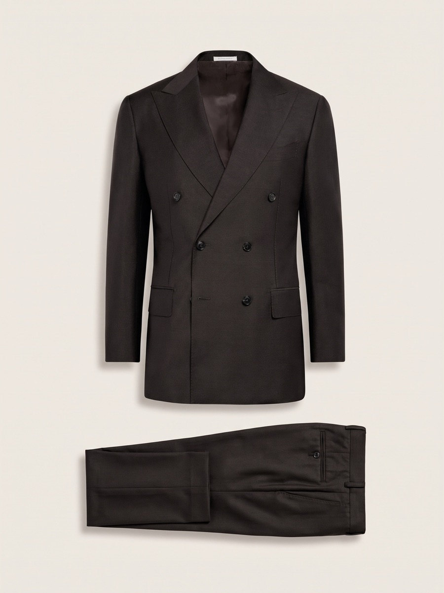 Dark brown double breasted suit, studio packshot