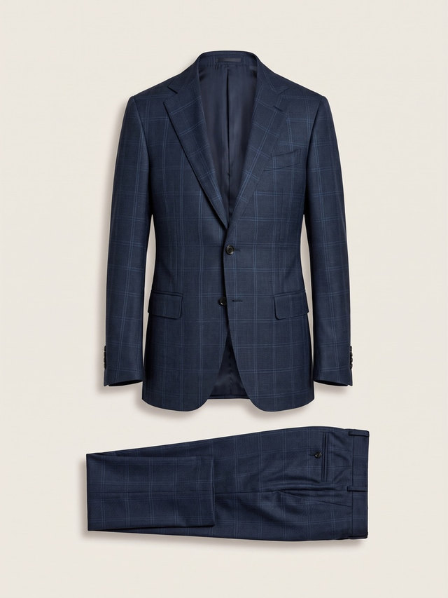 Navy check suit, studio packshot