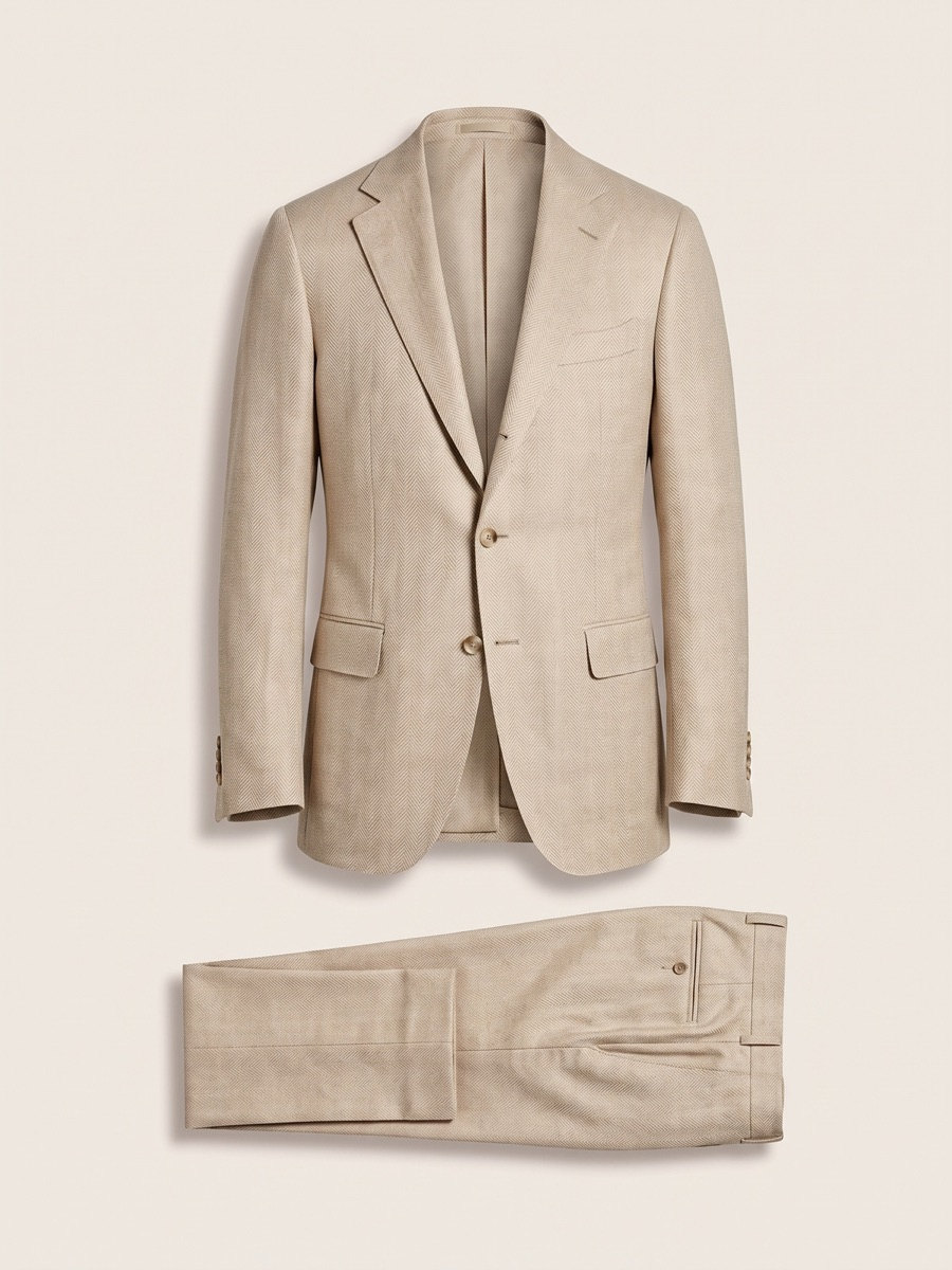 Sand herringbone suit, studio packshot