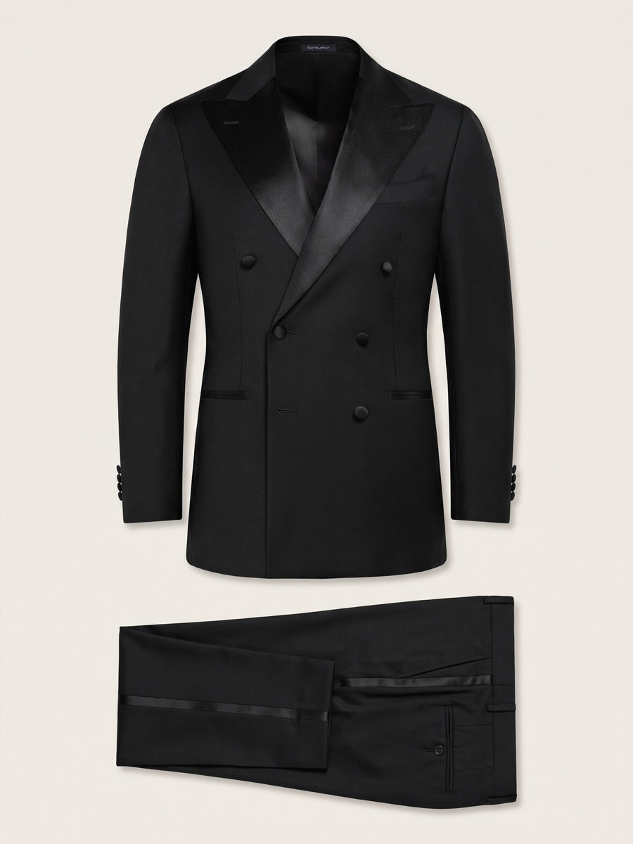 Black double breasted tuxedo, studio packshot