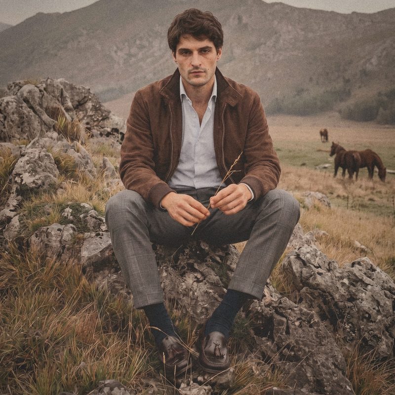 A man in a brown field jacket sits on grey rocks, horses grazing behind.